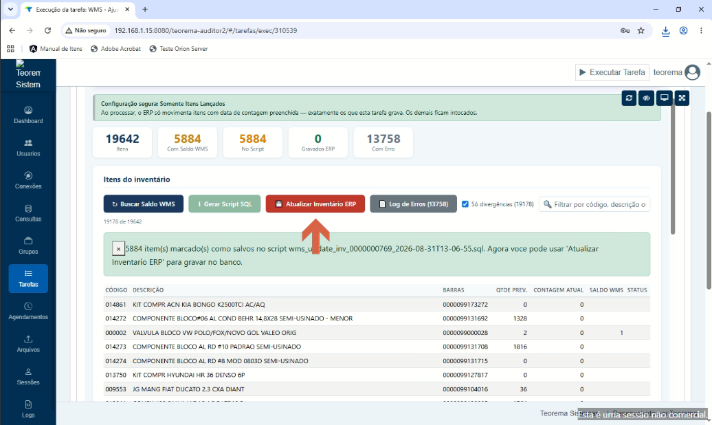 Tela do Auditor com botão "Atualizar Inventário ERP"