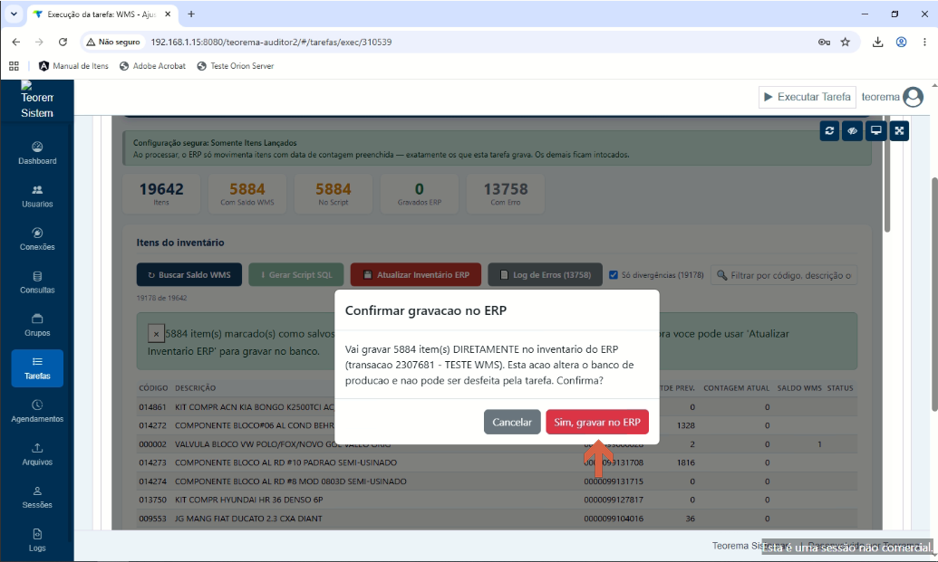 Dialog de confirmação antes de executar a atualização do inventário