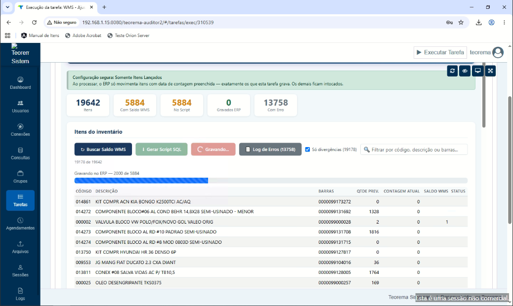 Tela de processamento da atualização do inventário no ERP