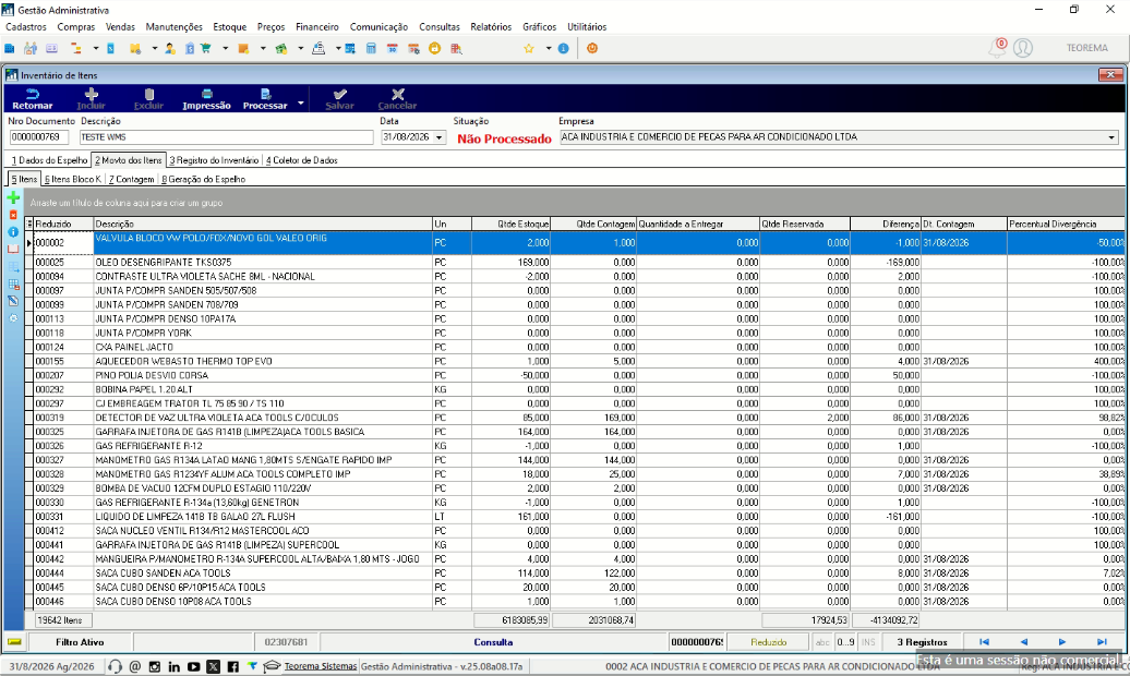 Tela final do Auditor com tabela de itens atualizados