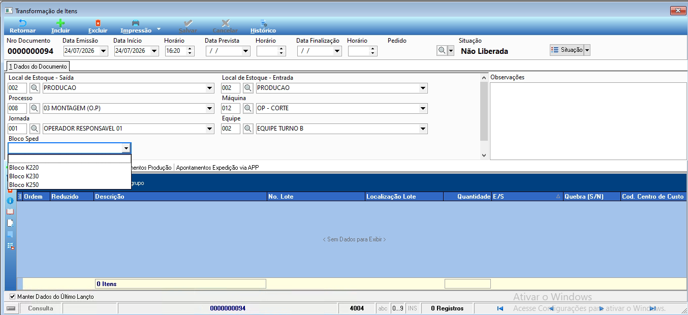 Tela de transformação de itens no Desktop com dropdown Bloco Sped exibindo opções K220, K230 e K250
