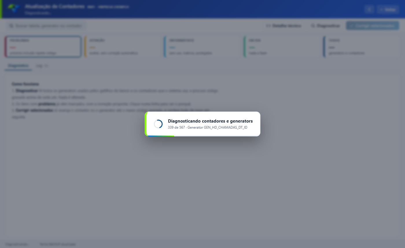 Janela "Diagnosticando contadores e generators" com indicador de progresso "339 de 567" e o item em análise "Generator GEN_HD_CHAMADAS_DT_ID", exibida sobre a tela de diagnóstico escurecida.