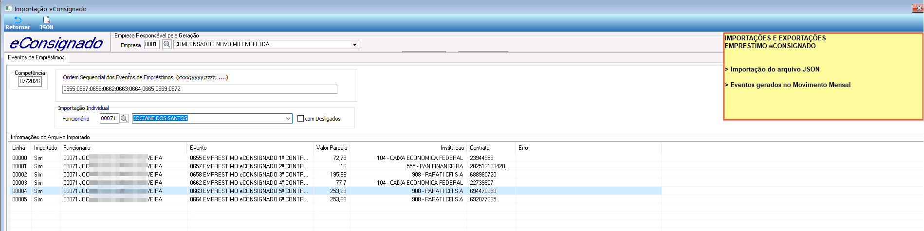 Tela Importação eConsignado para importação de contratos via arquivo JSON
