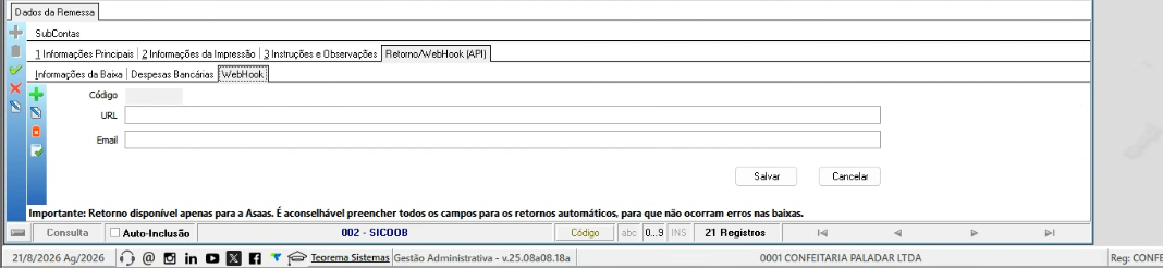 Configuração de código, URL e e-mail para recebimento de notificações