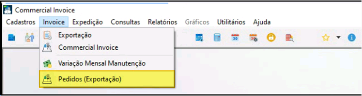 Menu de navegação com opção Pedidos (Exportação) destacada em amarelo