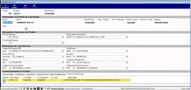 Tela mostrando frete selecionado destacado em amarelo na lista de fretes carregados da invoice