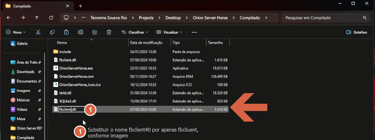 Tela do Windows Explorer exibindo a renomeação do arquivo fbclient40 para fbclient