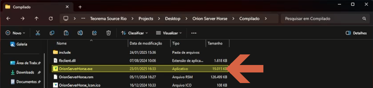 Tela do Windows Explorer mostrando o arquivo executável oronservhorse.exe pronto para ser iniciado