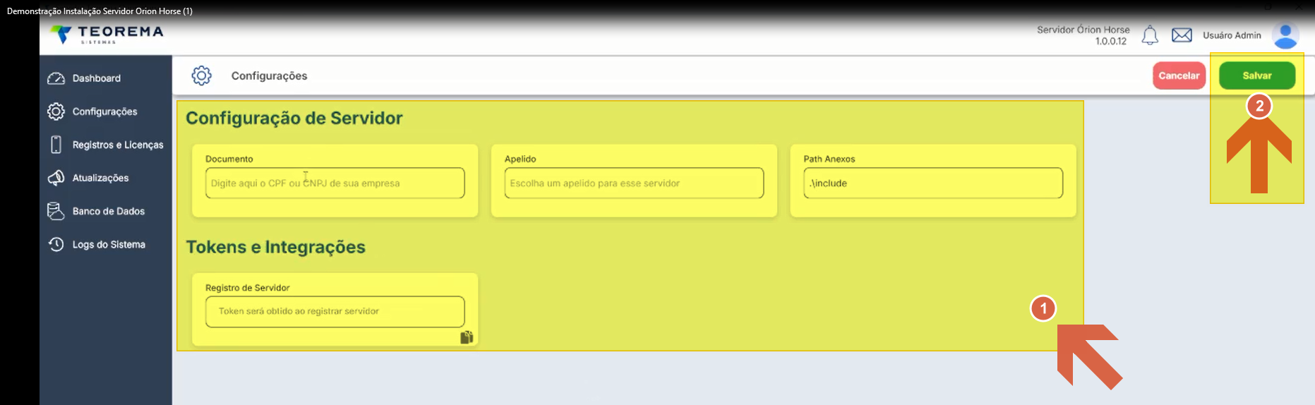 Interface de configuração do Servidor Orion Horse com campos de entrada para Documento, Apelido e Path Anexos