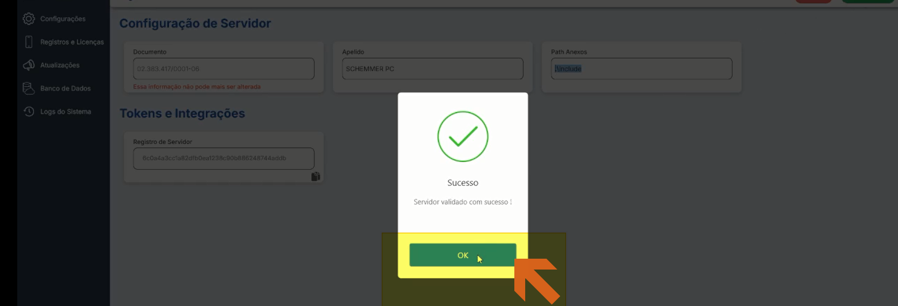 Interface de configuração do Servidor Orion Horse exibindo os formulários preenchidos com CNPJ, apelido e diretório de anexos