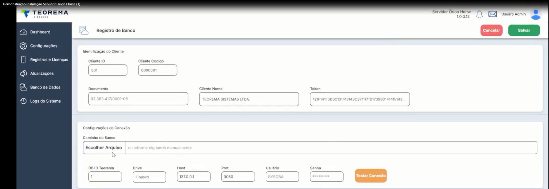 Tela do Orion Horse com formulário de Registro de Banco em layout ajustado para tela menor