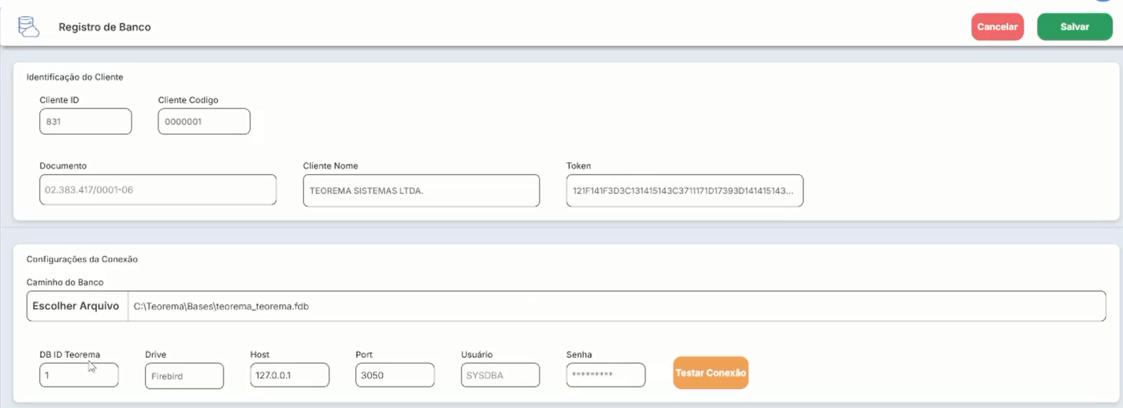 Tela exibindo os dados do banco de dados selecionado e suas configurações
