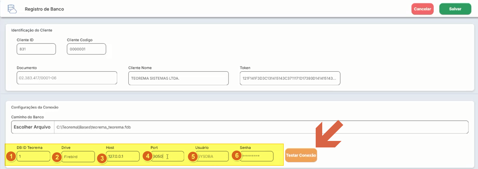 Interface de Registro de Banco exibindo os campos de configuração da conexão ao Firebird (Driver, Host, Porta, Usuário e Senha)