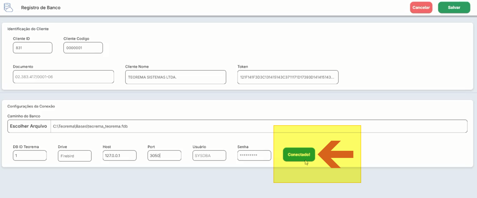 Tela do Registro de Banco indicando status de conexão bem-sucedida ao Firebird