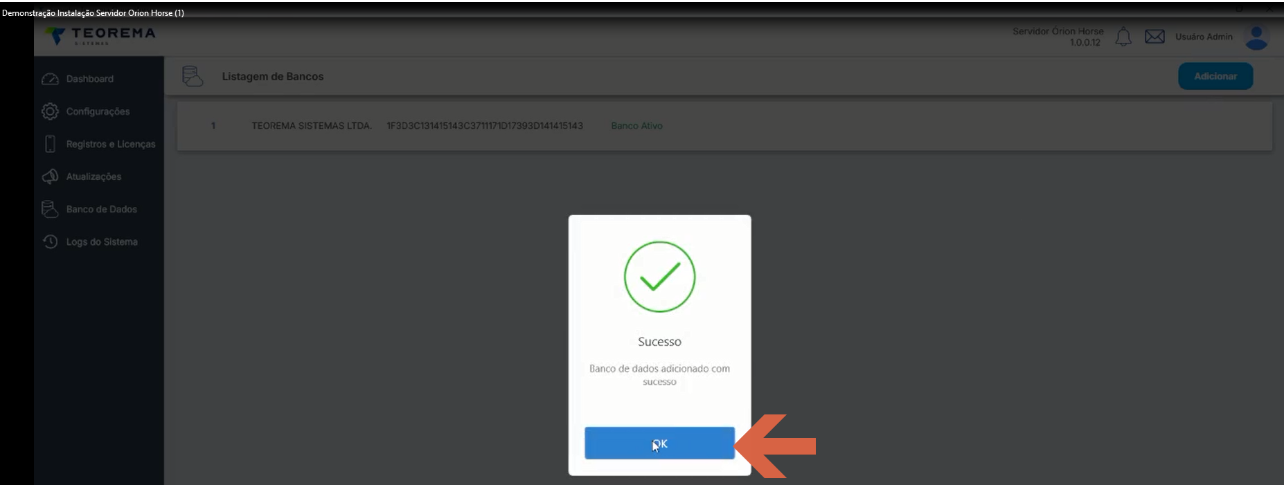 Interface após salvar o Registro de Banco exibindo confirmação de sucesso