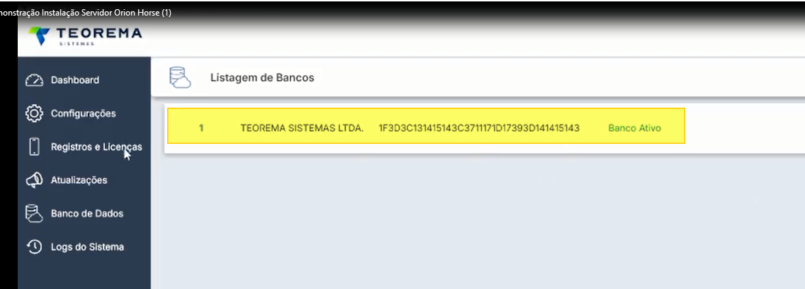 Tela do painel do Orion Horse após salvar com sucesso o banco de dados configurado