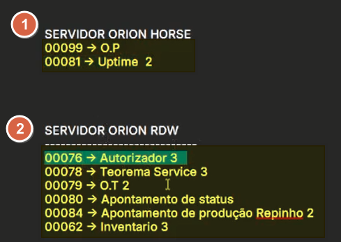 Listagem de servidores Orion Horse e Orion RDW com aplicativos rodando em cada um