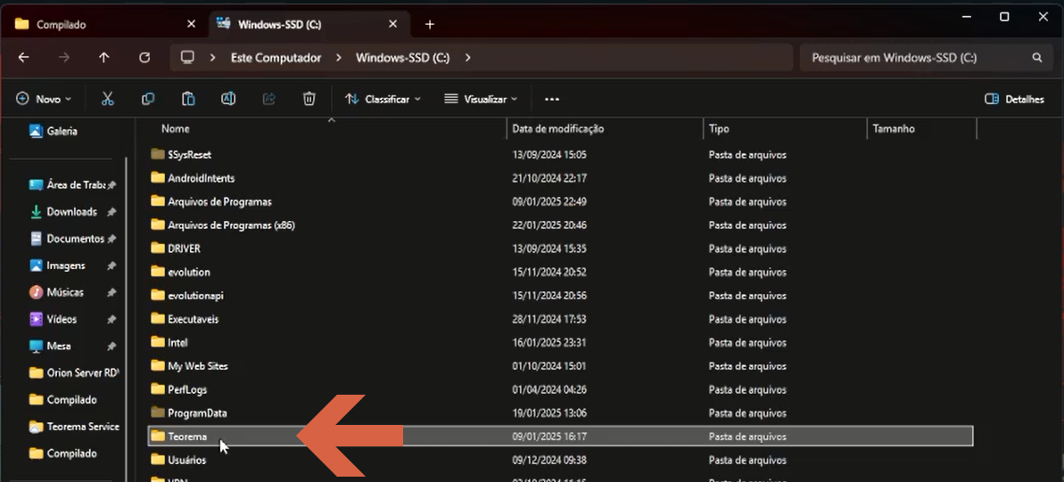 Tela do Windows Explorer exibindo estrutura de pastas de instalação