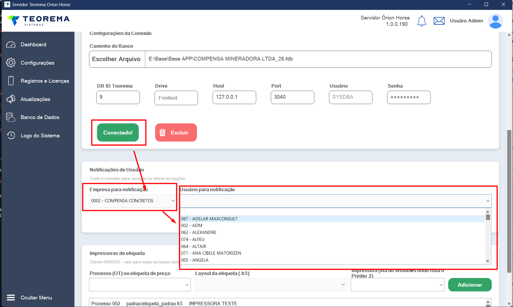 Seção Notificações de Usuário do Registro de Banco, com botão Conectado! e campos Empresa para notificação e Usuário para notificação destacados em vermelho
