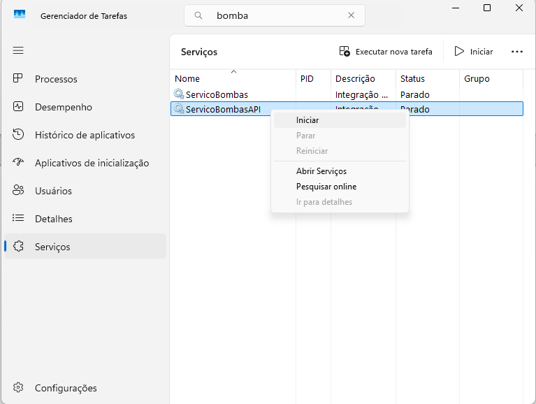 Gerenciador de Tarefas do Windows mostrando a lista de Serviços com o ServicoBombasAPI destacado e opções de contexto incluindo Iniciar