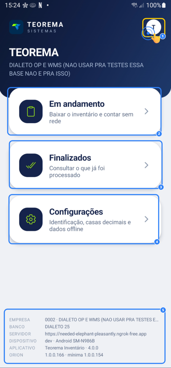 Tela inicial do aplicativo com abas principais