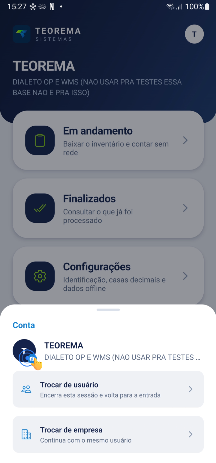 Modal do perfil com opções de usuário e empresa