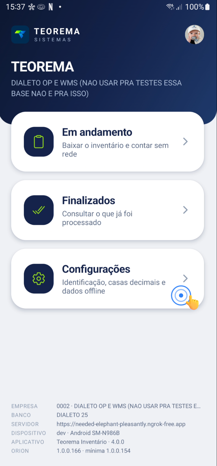 Tela de configurações com seções de aferição, exibição e sincronização