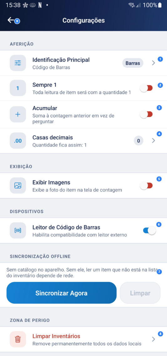 Tela de configurações com opções de sincronização offline
