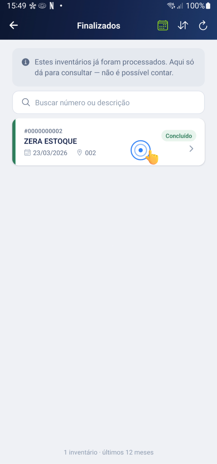 Lista de inventários finalizados selecionáveis