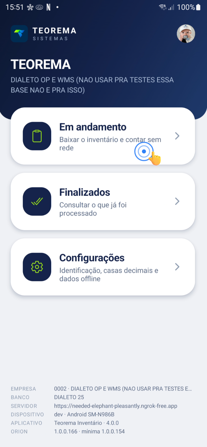 Tela inicial com destaque para inventários em andamento