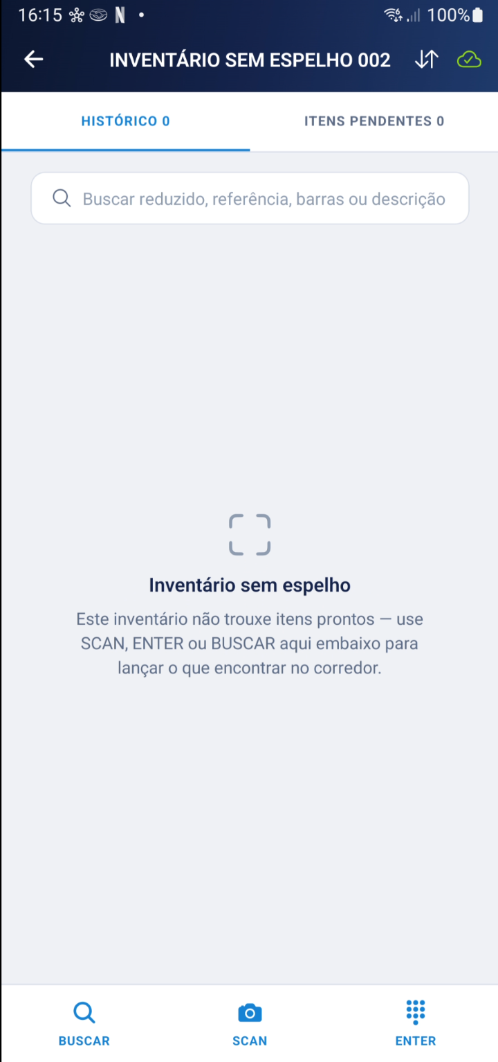 Tela de inventário sem espelho com opções de localização