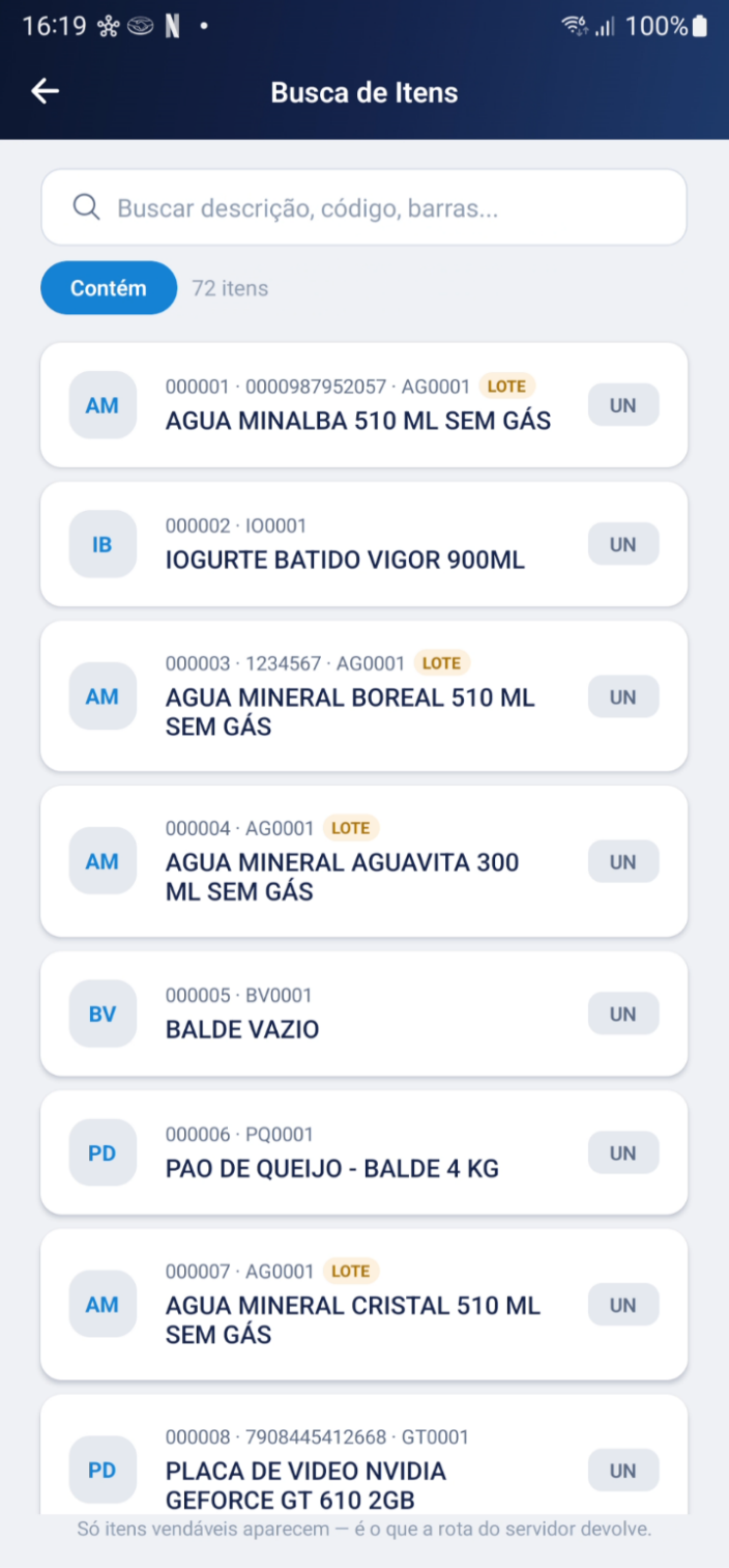 Tela de busca de itens com campo de busca