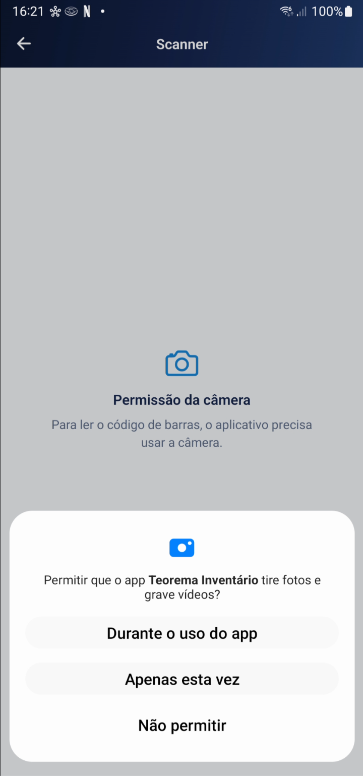 Tela de solicitação de permissão de câmera para leitura