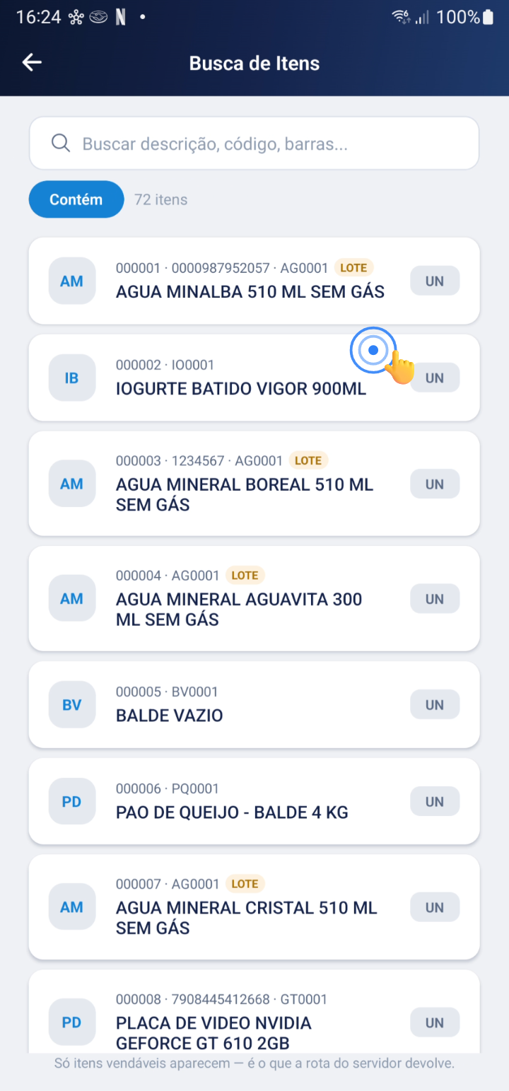 Tela de seleção de item para contagem