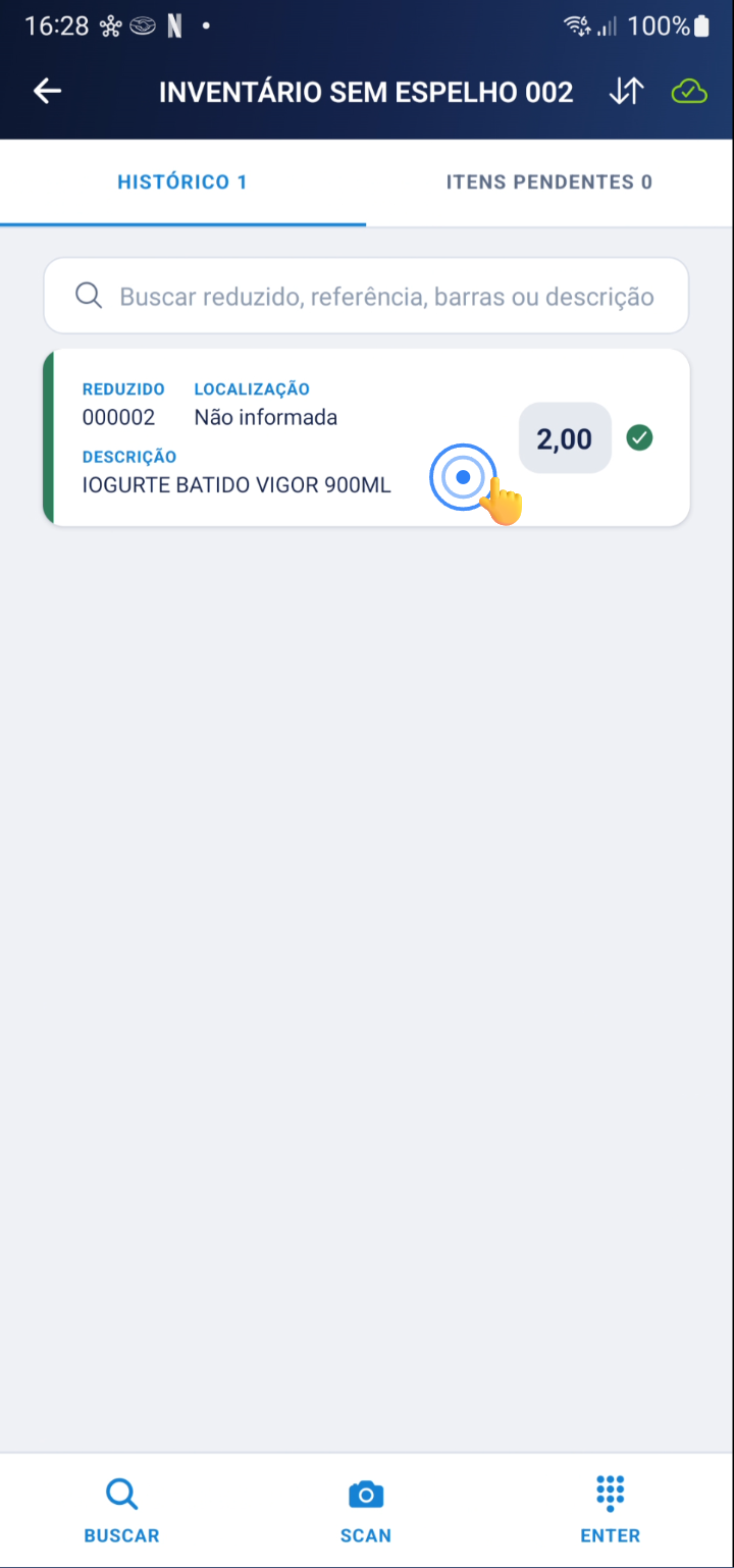 Tela de histórico com item contado listado