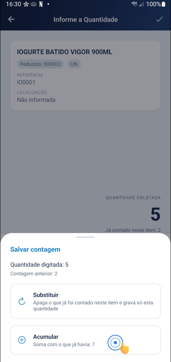Tela de histórico após operação de substituição ou acumulação