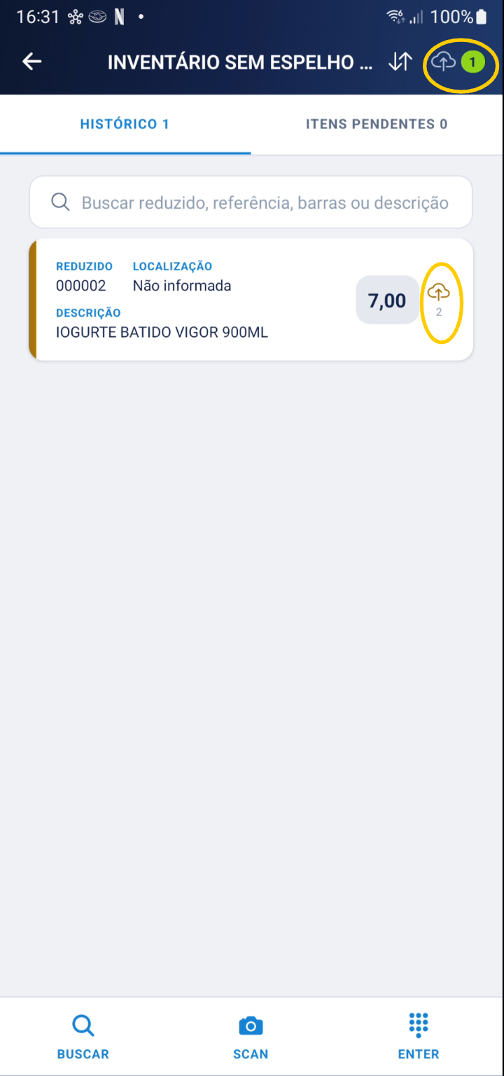 Tela de histórico mostrando contador de contagens do item