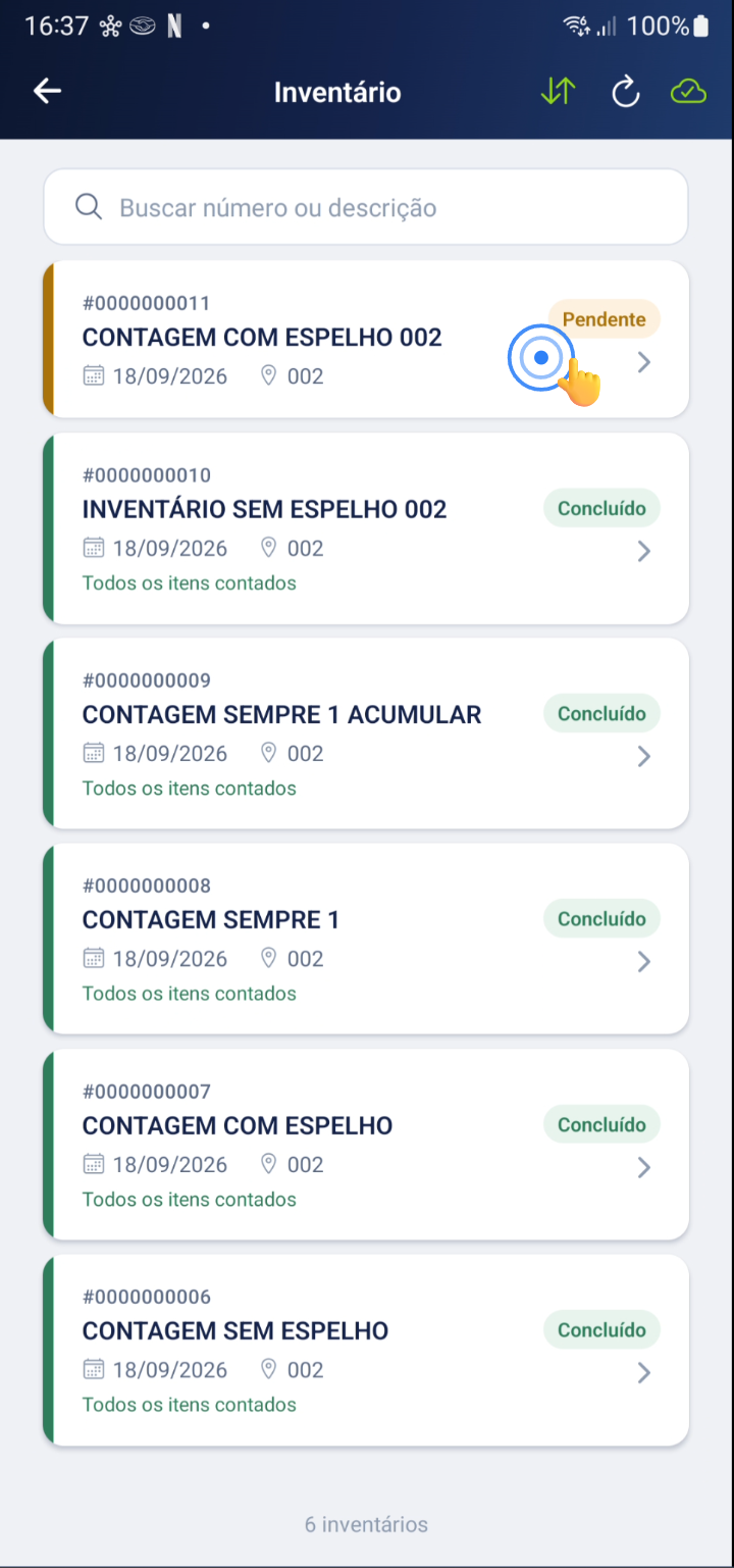 Tela inicial retornando para seleção de inventários