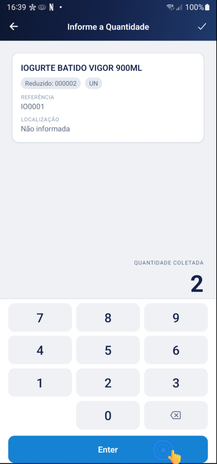 Tela de entrada de quantidade para item do espelho