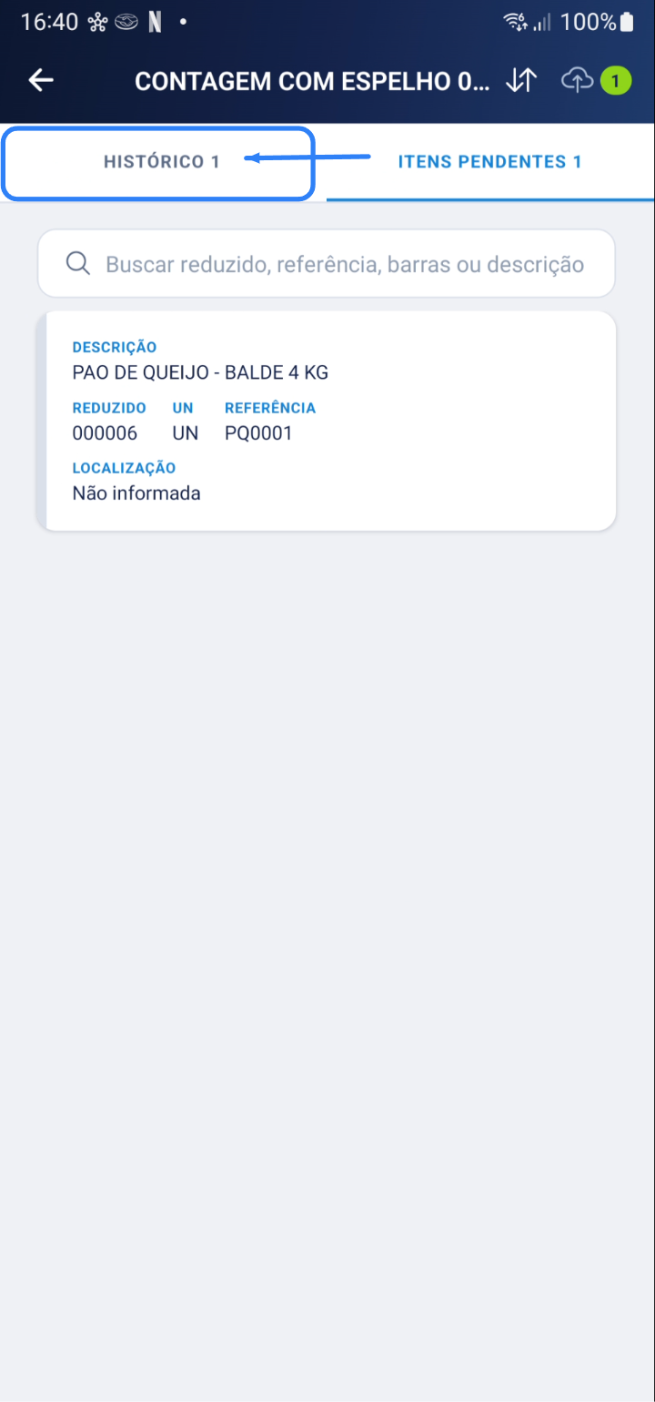 Tela mostrando item movido do histórico após contagem