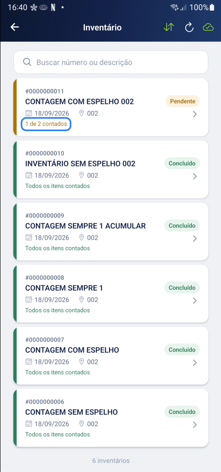 Tela inicial mostrando progresso de contagem com itens contados e pendentes