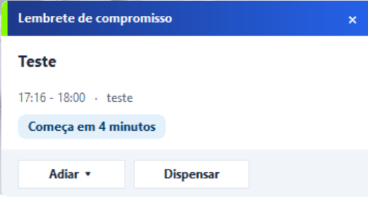 Tela principal do ERP Teorema com a janela de lembrete de compromisso exibida no canto inferior direito, com os botões Adiar e Dispensar