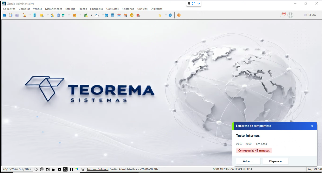 Janela de lembrete de compromisso exibindo título, horário, local e a indicação de tempo para início (Começa em 4 minutos), com os botões Adiar e Dispensar