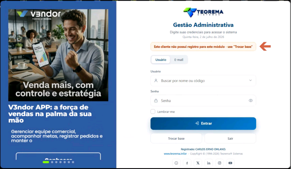 Interface de login da Gestão Administrativa exibindo aviso em vermelho: Este cliente não pode acessar o módulo