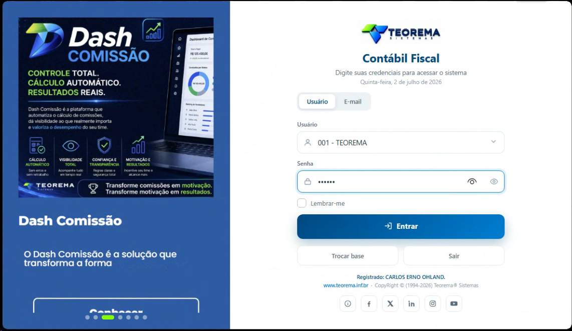 Interface de login do sistema Contábil Fiscal com campos Usuário/E-mail, senha, checkbox Lembrar-me e botão Entrar