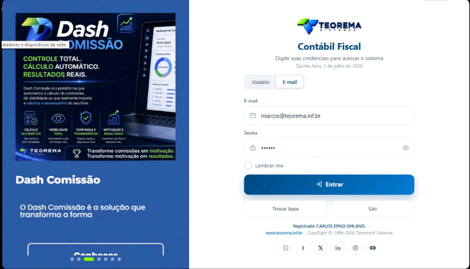 Interface de login com a opção E-mail selecionada, mostrando campo de e-mail, senha, checkbox Lembrar-me e botão Entrar