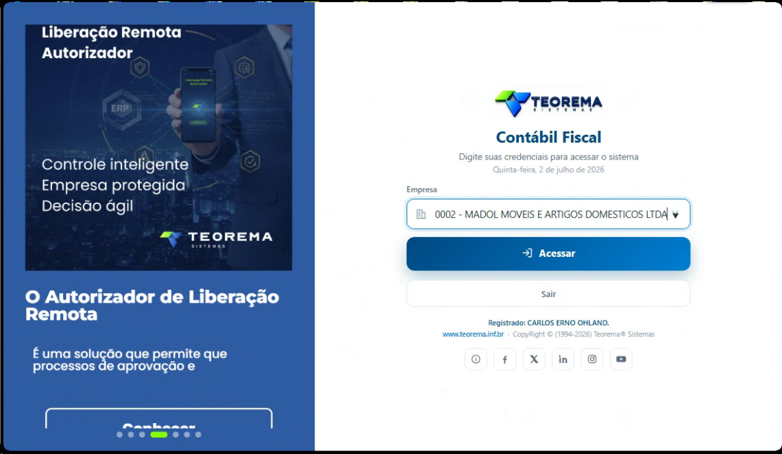 Tela de seleção de empresa com dropdown mostrando empresa selecionada e botão Acessar