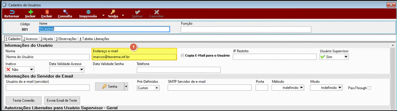 Formulário de cadastro de usuários mostrando campo de e-mail e informações de servidor de email configuradas