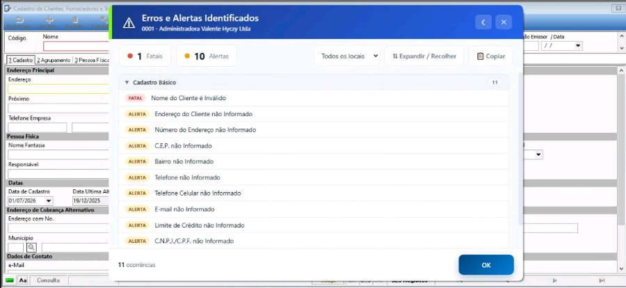 Modal de Erros e Alertas Identificados com lista estruturada de mensagens de erro e alerta