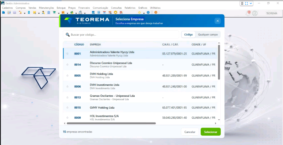 Interface de seleção de empresa com lista de empresas e opções de navegação